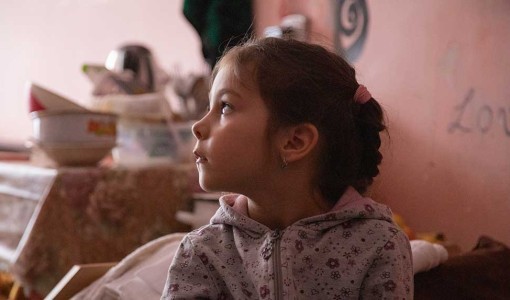 6-åriga Milana, hennes mamma och mormor plus två hundar tvingades fly från östra Ukraina. De vaknade mitt i natten av bombangrepp.