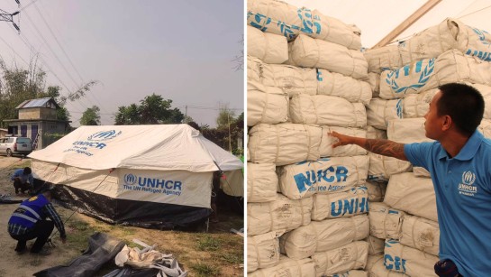 Familjetält och nödhjälpspaket som görs tillgängliga för människor på flykt i Myanmar.