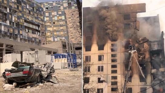 Ett barnsjukhus i Kyiv och ett flerfamiljshus i Charkiv har träffats av ryska attacker.